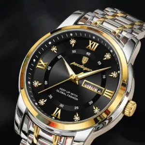 POEDAGAR 936 men's watch – black dial golden bezel silver-gold steel strap | পুরুষদের ঘড়ি