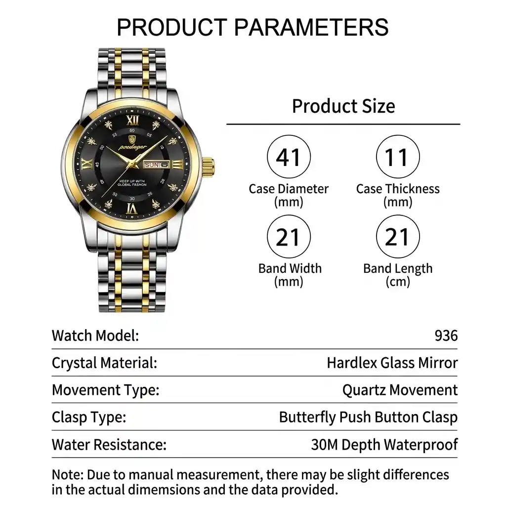 POEDAGAR 936 watch features – day-date, 30M waterproof, quartz movement | ফিচার
