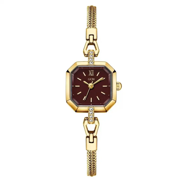 GEDI 62042 luxury vintage octagon chain watch for women with gold strap and maroon dial